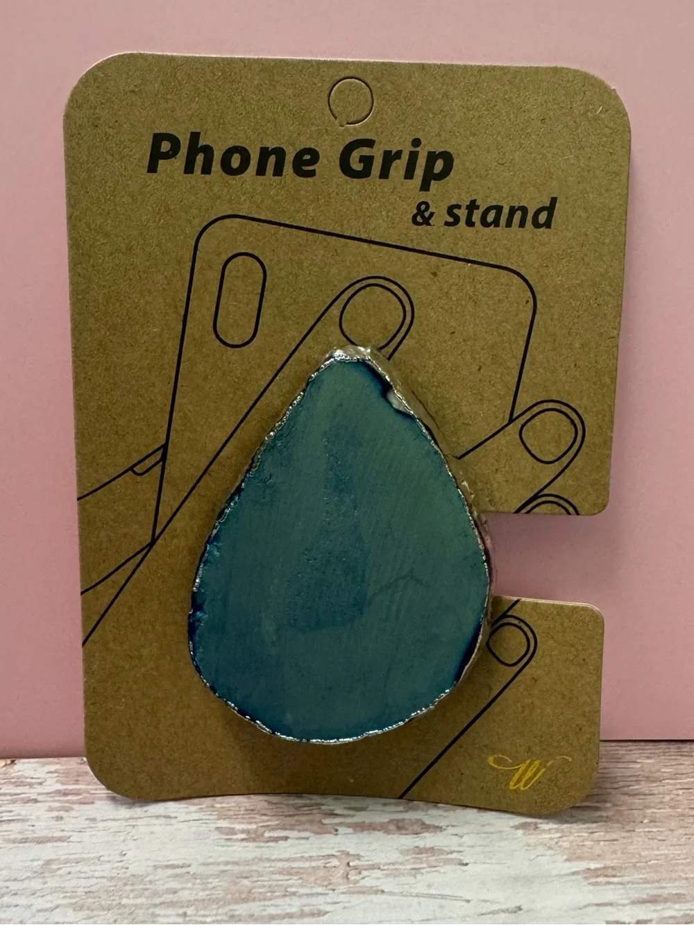 Teardrop Faux Agate Stone Blue Phone Grip & Stand with Silver Trim